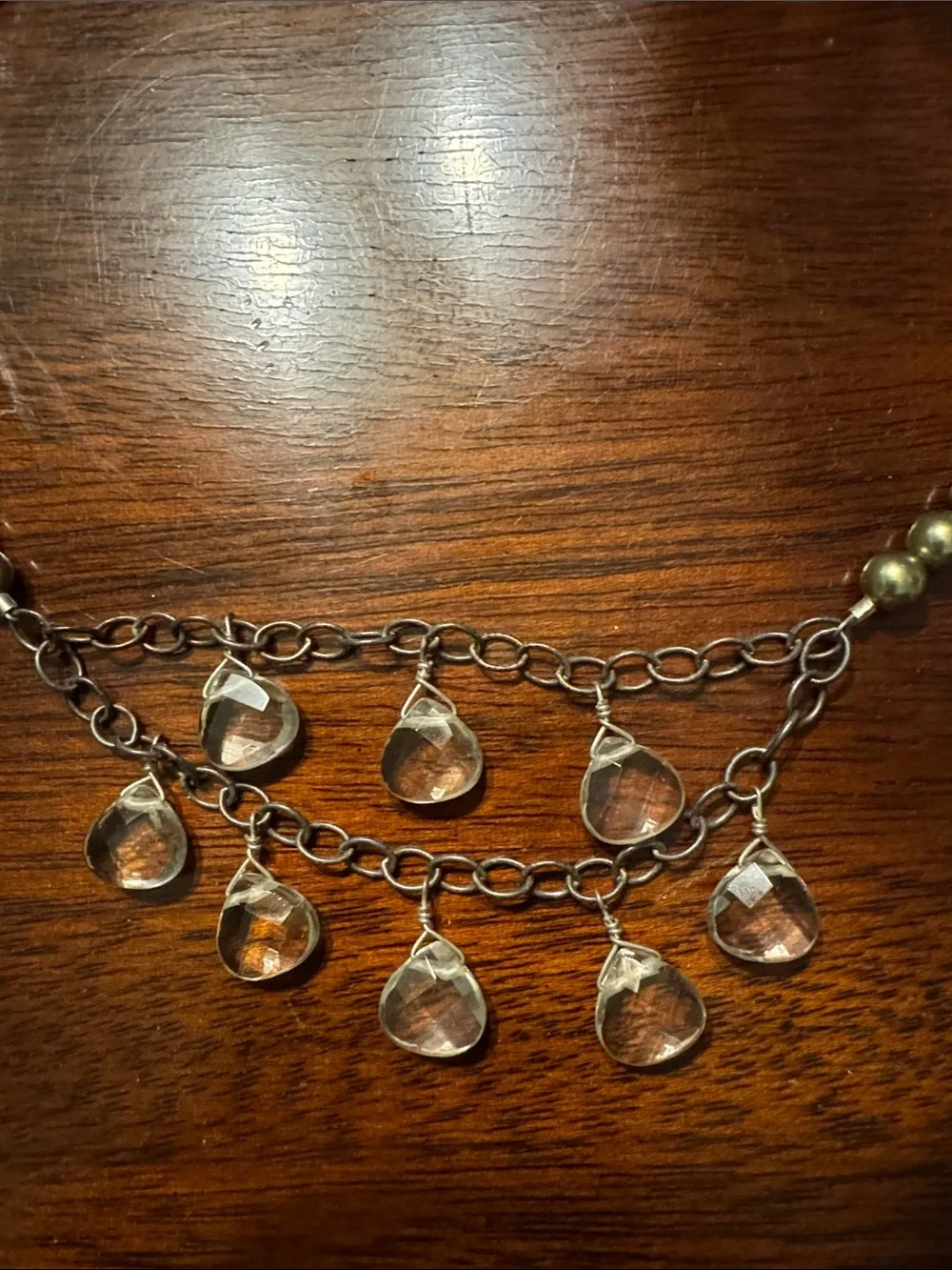Olive Beaded Necklace with Gold-Tone Teardrop Charms